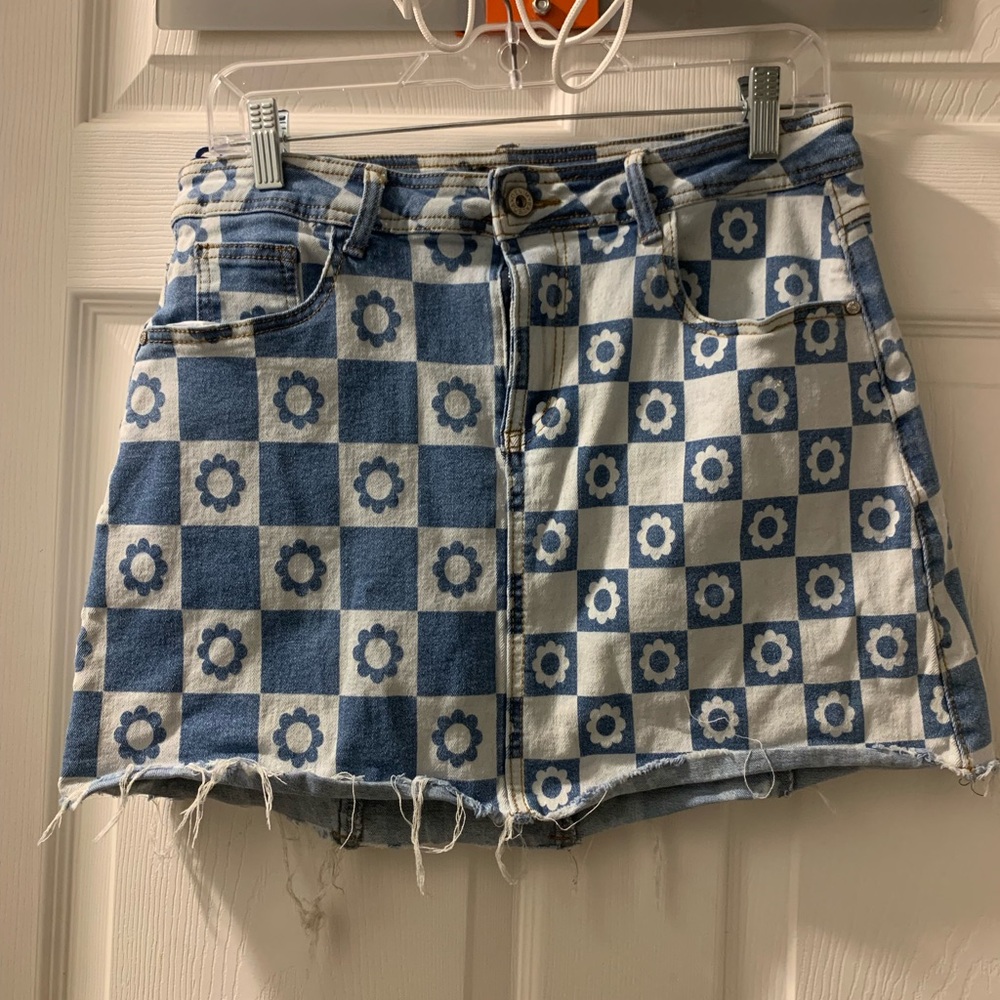 Blue and White Floral Checkered Skirt